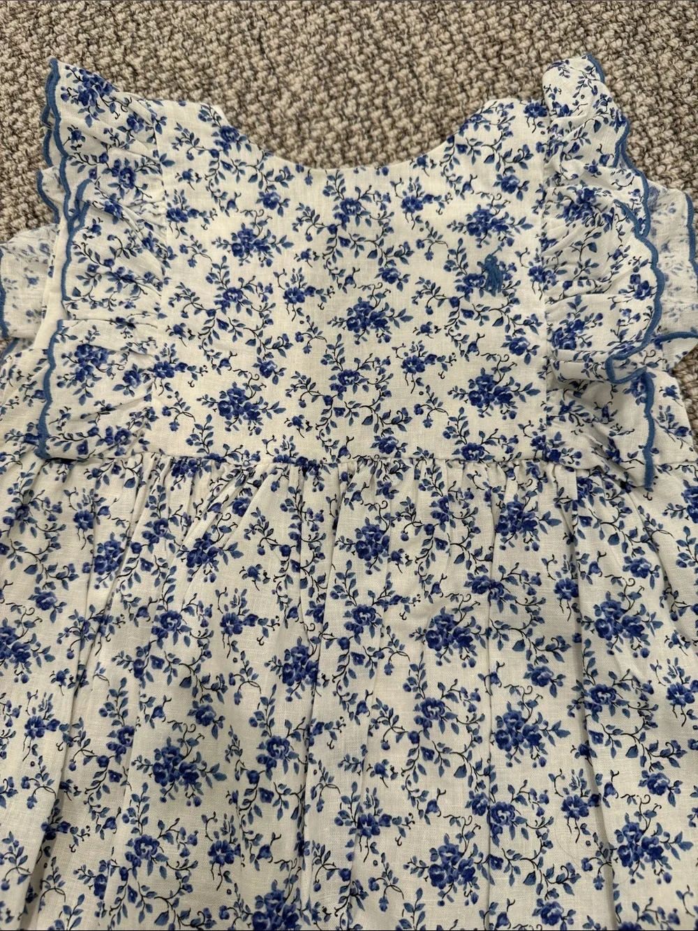 Ralph Lauren White and Blue Floral Baby Romper with Ruffle Straps